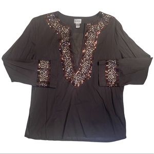 Chicos Brown Sheer Cotton Sequin Cover Up Tunic